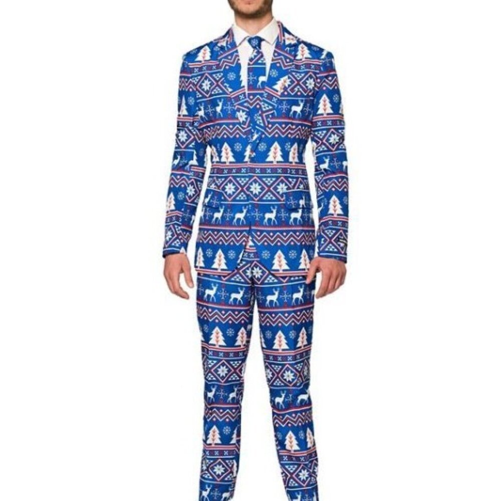 Suitmeister Men's Suit Slim- Fit Christmas Blue Nordic Novelty Small Adjustable